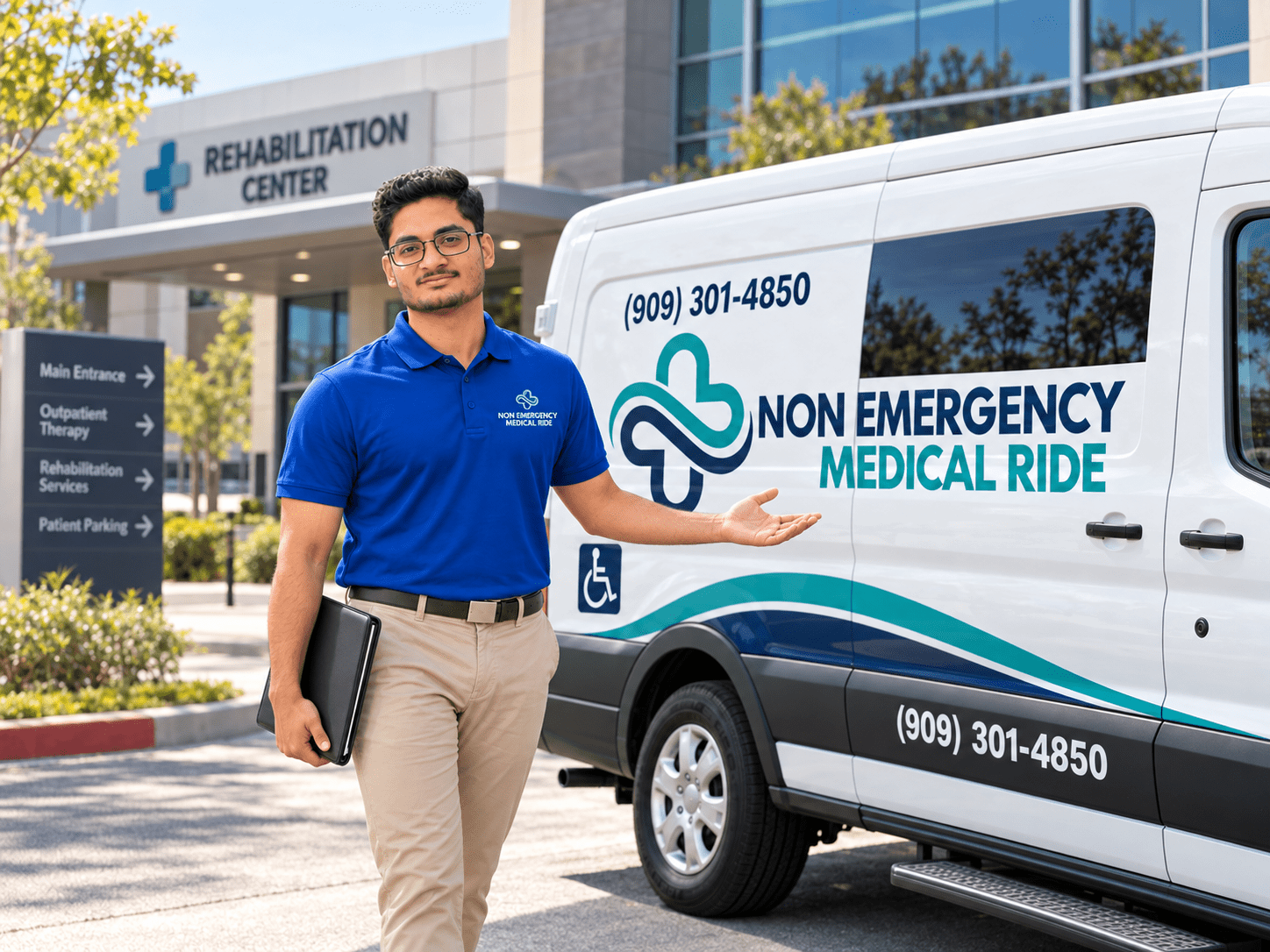 Non Emergency Medical Ride branded transportation van and company representative outside a rehabilitation center