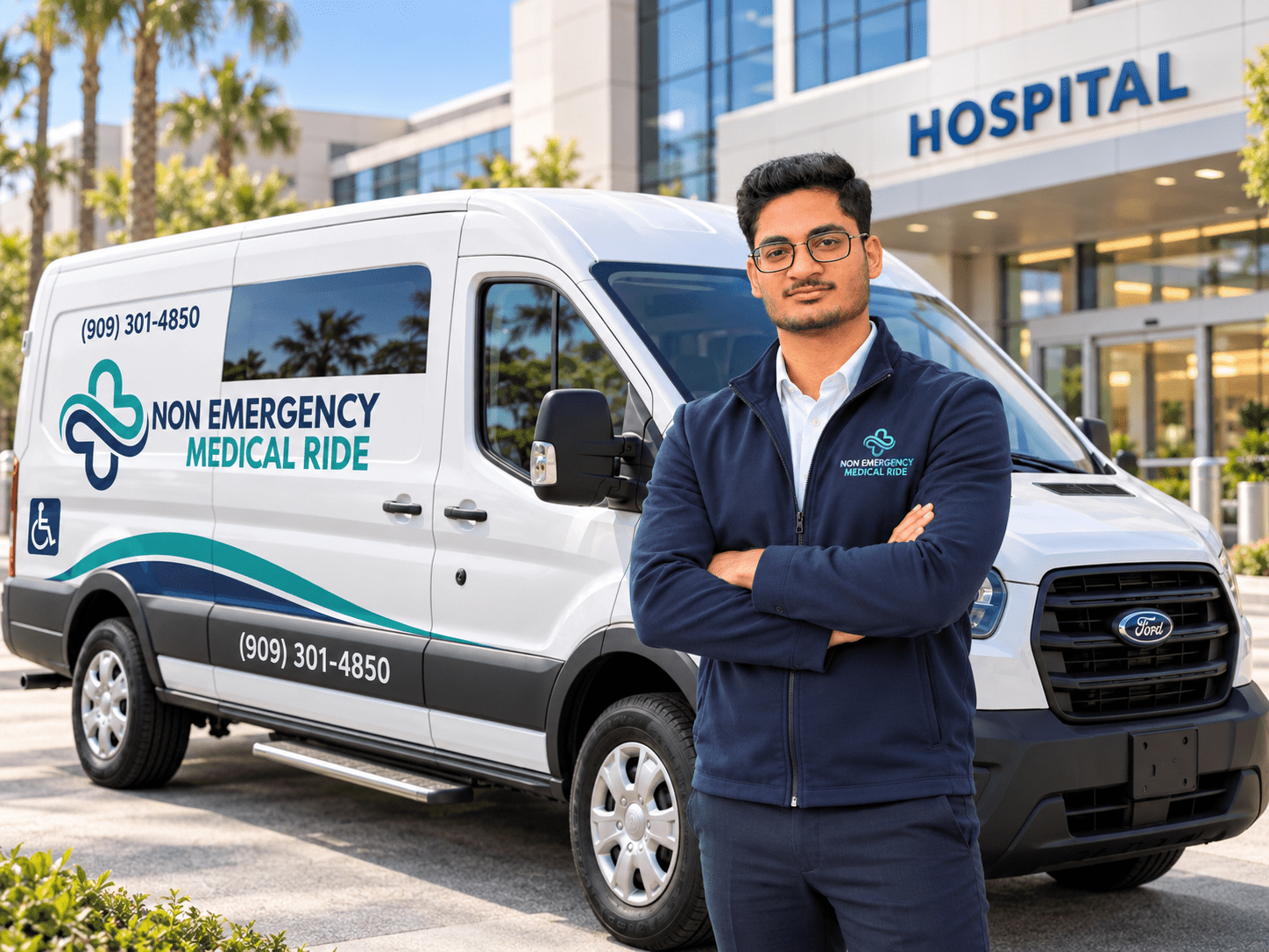 Non Emergency Medical Ride company representative with branded medical transportation van near a hospital